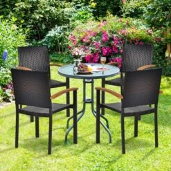Tangkula Patio Rattan Dining Armchair 4 Set Of Wicker Chair W/Steel Frame Acacia Armrests Indoor&Outdoor