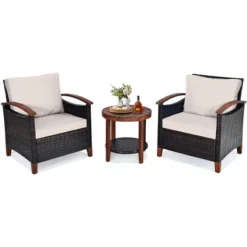 Tangkula 3-Piece Patio Rattan Bistro Set Acacia Wood Frame Sofa And Side Table -Tangkula GUEST eedf1f88 55aa 4053 ad88 a14641ef25ec