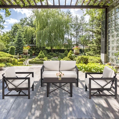 Tangkula 2 Pieces 2-Person Patio Outdoor Loveseat Sofa With 6" Thick Cushion And Coffee Table Set For Garden Beige 3 Tangkula 2 Pieces 2-Person Patio Outdoor Loveseat Sofa With 6" Thick Cushion And Coffee Table Set For Garden Beige