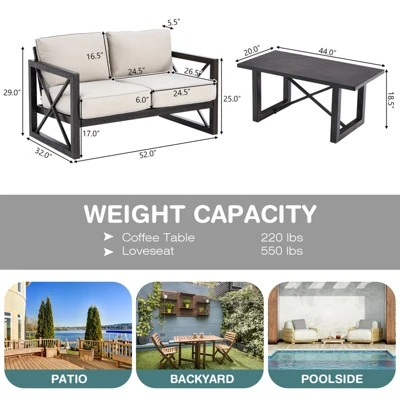 Tangkula 2 Pieces 2-Person Patio Outdoor Loveseat Sofa With 6" Thick Cushion And Coffee Table Set For Garden Beige 4 Tangkula 2 Pieces 2-Person Patio Outdoor Loveseat Sofa With 6" Thick Cushion And Coffee Table Set For Garden Beige - Image 2