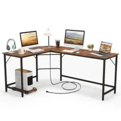 Tangkula L-Shaped Desk With Power Outlet 66” Computer Corner Desk With CPU Stand & Heavy-duty Metal Frame Rustic Brown/Black -Tangkula GUEST f2379536 0d99 4ff8 b140 964a176de622