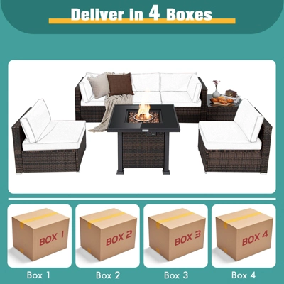 Tangkula Patio Rattan 7PCS Cushioned Chair Set Furniture Set Thick Cushion W/ 50,000 BTU Propane Fire Pit Table For Garden Black/Navy/Red/Turquoise/Off White 4 Tangkula Patio Rattan 7PCS Cushioned Chair Set Furniture Set Thick Cushion W/ 50,000 BTU Propane Fire Pit Table For Garden Black/Navy/Red/Turquoise/Off White - Image 2