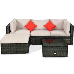 Tangkula 5 PCS Patio Rattan Furniture Set Wicker Table Sofa Garden Outdoor W/ Cushion Black -Tangkula GUEST f561debc 4079 4568 b9a6 42df71808caa