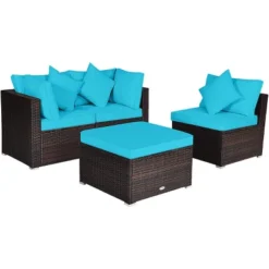 Tangkula 4-Piece Outdoor Rattan Sofa Set Sectional Conversation Couch Ottoman Turquoise/Red -Tangkula GUEST f6821ddd 643f 4f27 a1dd 616e2de7ccb7