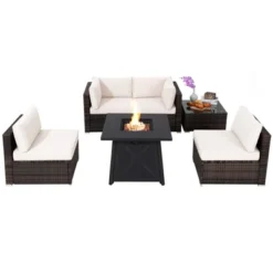 Tangkula 6-Piece Patio Furniture Set W/ 30" Propane Fire Pit Table Outdoor PE Wicker Conversation Set W/ Cushions &Tempered Glass Coffee Table -Tangkula GUEST f86c4840 e431 4bfb 8044 eaecf2ed976d