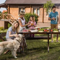 Tangkula Folding Wooden Camping Table Portable Picnic Table W/ Carry Bag Roll-up Bamboo Tabletop Outdoor Travel Camping Table Natural/Coffee