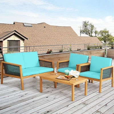 Tangkula 8PCS Patio Acacia Wood Furniture Set PE Rattan Conversation Set W/ Turquoise Cushions 5 Tangkula 8PCS Patio Acacia Wood Furniture Set PE Rattan Conversation Set W/ Turquoise Cushions - Image 3