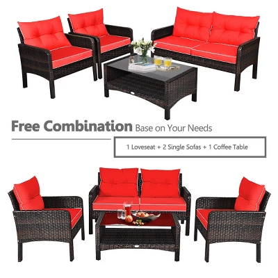 Tangkula 4 Piece Patio Conversation Set Rattan Wicker Loveseat Sofa Coffee Table & Glass Top Red/Turquoise Cushions 5 Tangkula 4 Piece Patio Conversation Set Rattan Wicker Loveseat Sofa Coffee Table & Glass Top Red/Turquoise Cushions - Image 3