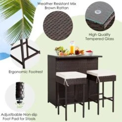 Tangkula 3PCS Patio Wicker Rattan Bar Set Table W/2 White Cushioned Stools -Tangkula GUEST fa551800 46ca 4fe2 bc57 ce0f1397e0be