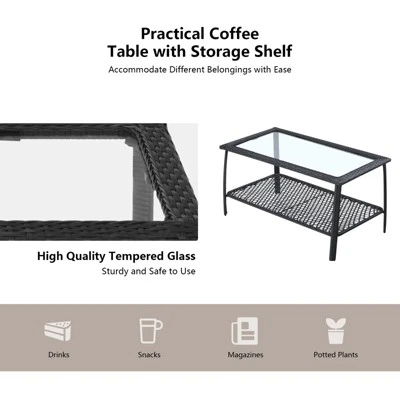 Tangkula 4PCS Patio Rattan Furniture Set Outdoor Conversation Set W/Tempered Glass Coffee Table Beige 9 Tangkula 4PCS Patio Rattan Furniture Set Outdoor Conversation Set W/Tempered Glass Coffee Table Beige - Image 7