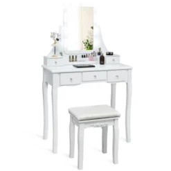 Tangkula LED Vanity Table Makeup Dresser Desk W/Drawers &Cushioned Stool Black/Brown/White -Tangkula GUEST fb0ec937 831b 4c02 8a3f b273b80feb38