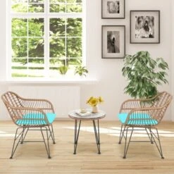 Tangkula 3PCS Patio Rattan Furniture Set With Round Tempered Glass Top Table & 2 Rattan Armchairs White/Turquoise/Red -Tangkula GUEST fbd8de35 8b4d 40f2 b5dd 708e8ca487b0