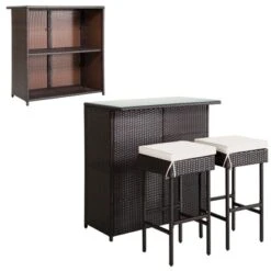 Tangkula 3PCS Patio Wicker Rattan Bar Set Table W/2 White Cushioned Stools -Tangkula GUEST fbe37415 9900 4746 92e5 75c2c86653ad