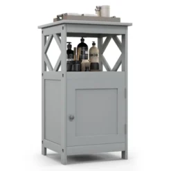 Tangkula Bathroom Floor Cabinet Single Door Storage Cabinet With Open Compartment Anti-Toppling Device Grey/White -Tangkula GUEST fc2ab0f1 a1a8 4003 9a4d c8ce6bfbcfc9
