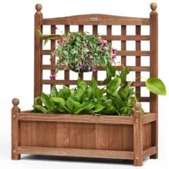 Tangkula Set Of 2 Outdoor Wooden Plant Box Flower Plant Growing Box Holder With Trellis -Tangkula GUEST fcbc9fe9 5f96 43d2 afa5 135e5adc6cfd