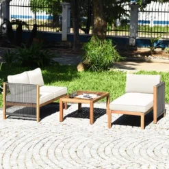 Tangkula 3PCS Patio Acacia Wood Sofa Furniture Set Thick Cushion W/ Nylon Rope Armrest Gray/White
