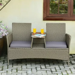 Tangkula Outdoor Patio Rattan Loveseat Sofa Double Conversation Set W/Cushion & Built-in Table -Tangkula GUEST fceac120 4bb7 4a1e 89db e5a1db61194c