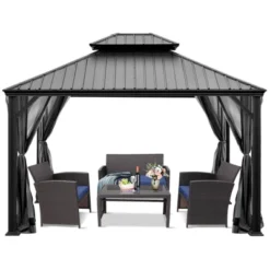 Tangkula 12ft X 10ft Patio Hardtop Gazebo Double Vented Roof Outdoor Galvanized Steel Sun Shelter Brown/Gray 11 Tangkula 12ft X 10ft Patio Hardtop Gazebo Double Vented Roof Outdoor Galvanized Steel Sun Shelter Brown/Gray -Tangkula GUEST fd49d52e 4466 4b50 a042 9bec0d61ac90